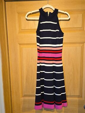 Vince Camuto Navy Striped Halter Midi Dress with Pink & Red Bands